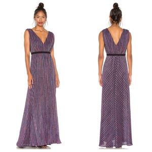 BCBGMaxAzria Metallic‎ Pleated Striped V Neck Gown Multicolored Maxi Dress Small